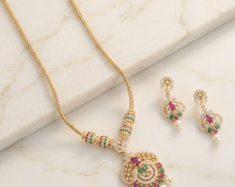 Gemstone Pearl Necklace Set with Earrings, Adjustable Cubic Zircon Bridal Jewelry, Indian Wedding Necklace