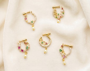 Gold Plated CZ Indian Nose Ring Set: Bridal Nath, Non-Piercing Clip On