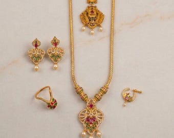 Matte Finish Gold Plated Necklace Set, Indian Traditional Jewelry Combo for Women