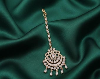 Rose Gold Maang Tikka, Cubic Zirconia Indian Jewelry