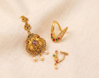 Gold Plated Maang Tikka with Vanki Ring and Non-Piercing Nath Set
