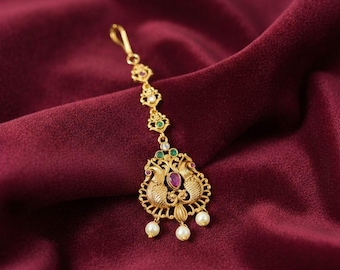 Gold Plated Maangtikka: CZ Zirconia Bridal Headpiece