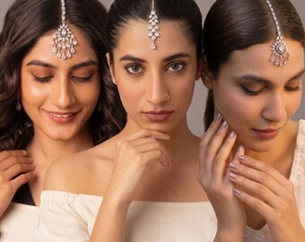 Silver Plated CZ Maang Tikka: Indian Wedding Bridal Forehead Jewelry