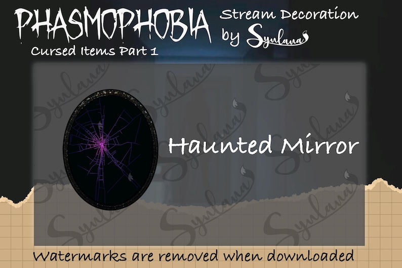 May include: A digital illustration of a haunted mirror from the game Phasmophobia. The mirror is black with a cracked spiderweb design and a purple glow in the center. The text "Haunted Mirror" is written in white below the image. The text "Stream Decoration by Syulana" is written in the top right corner of the image.