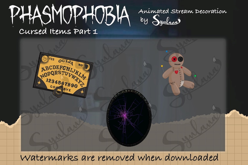 May include: Animated stream decoration for the game Phasmophobia. The image features a Ouija board, a voodoo doll, and a black and purple portal. The text "Cursed Items Part 1" is visible at the top of the image.
