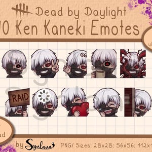 Könnte beinhalten: Digitaler Download von 10 Ken Kaneki Emotes aus Dead by Daylight. Jedes Emote zeigt einen Charakter mit weißen Haaren und einer schwarzen Maske, der verschiedene Ausdrücke zeigt. Das Bild enthält den Text "Sofort-Download" und "Wasserzeichen beim Download entfernt."