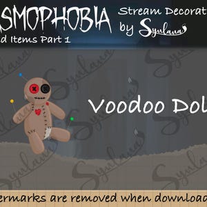 May include: A brown voodoo doll with red and black buttons for eyes, a red heart, and stitching on its body. The doll is surrounded by pins and the text "Voodoo Doll" is written in white on a dark background.