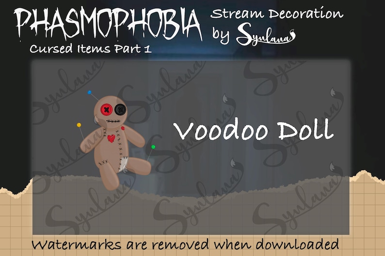 May include: A brown voodoo doll with red and black buttons for eyes, a red heart, and stitching on its body. The doll is surrounded by pins and the text "Voodoo Doll" is written in white on a dark background.