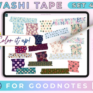 May include: Digital washi tape set for Goodnotes, featuring various designs like floral, paw prints, and abstract patterns. The set includes a variety of colors and styles, with the text "Color it up!" and "WASHI TAPE SET 4" visible.