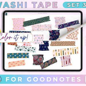 May include: A set of 12 digital washi tape designs for Goodnotes. The designs feature various patterns, including geometric shapes, hearts, and trees. The text "Color it up!" and "less paper. more fun." is included in the image.