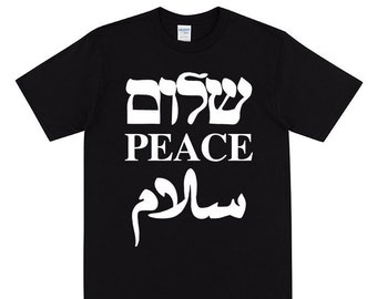 PEACE T-shirt, Peace In Arabic Hebrew & English Languages, Hand Printed Shirt, World Peace Theme, Hippy Shirt, Peace In The Middle East Tee