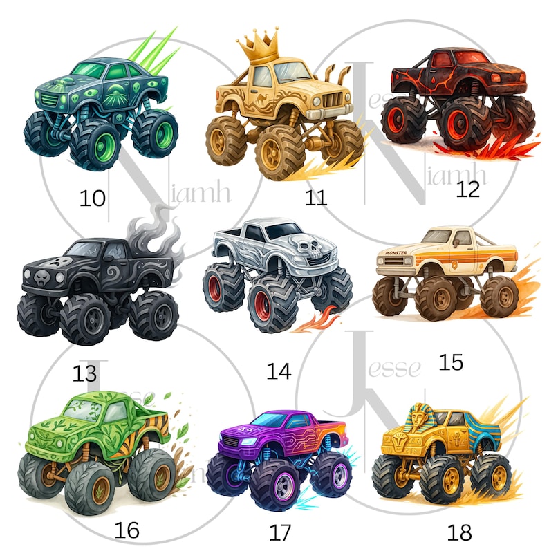 May include: Nine illustrations of monster trucks with vibrant colours and designs. Each truck features large tyres and distinctive themes, such as skulls, flames, and a crown. The trucks are numbered 10 to 18.