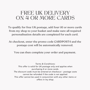 May include: A white background displays text promoting free UK delivery on orders of four or more cards. Instructions are provided on how to redeem the offer, including the use of the promo code CARDPOST4.