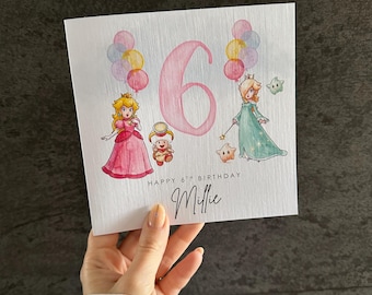 Super Mario Princess Birthday Card – Personalised Birthday Card – Peach Rosalina Toad – Custom Girls Gamer Birthday Card