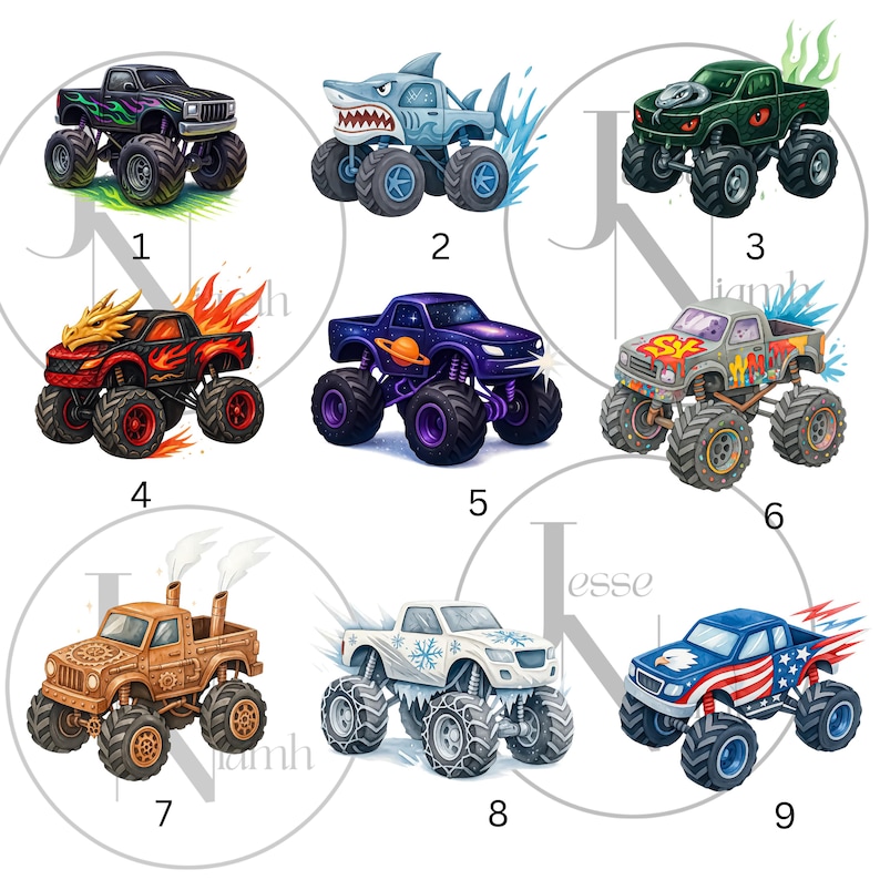 May include: Nine illustrations of monster trucks with various designs. The trucks feature themes like a shark, a dragon, and the American flag. Each truck is set against a white background.