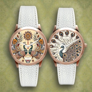 Boho Peacock Watch: Rose Gold Wristwatch with White Leather Strap