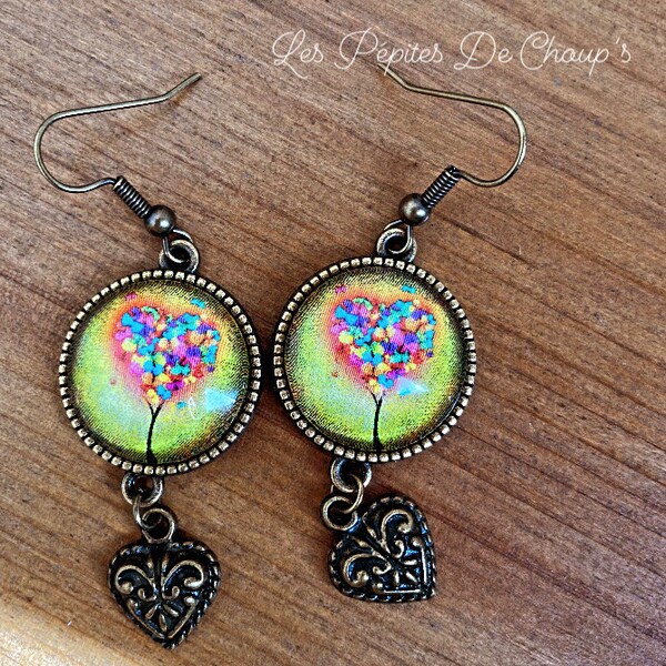 Boucles d’oreilles cabochons coeur arbre de vie coloré