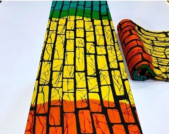 Tessuto africano in cera con stampa Ankara da 6 metri, materiale in cotone 100% giallo arancione verde, tessuto Ankara per abiti, copricapo, turbante, arti e mestieri
