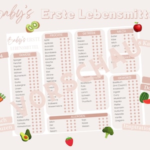 Baby Food Tracker Baby Diary Supplementary Food A4 digital to print Checklist First Foods Meal Planner vegan vegetarian