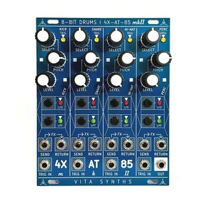 May include: A blue electronic music synthesizer module with white knobs and various input/output jacks. The text "8-BIT DRUMS | 4X-AT-85 mkII" is printed at the top. The module has controls for kick, snare, hi-hat, and percussion sounds.