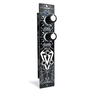 May include: Black and white Eurorack synthesizer module with the text "Envar" and "Vita Synths". The module has two knobs labeled "Attack" and "Release" and a gate input and output.