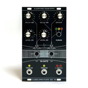 May include: A black Algorithmic Drum Synth module featuring five silver knobs for Decay CH, Decay OH, Bright, Level CH, and Level OH. It includes a Human section with three indicator lights, two sliders, three input jacks, and labels for Hi-Hats.