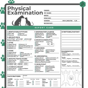 Formulario de examen físico / Hoja de examen rellenable en blanco para hospital veterinario / PDF imprimible / Examen de clínica veterinaria / Boletín de calificaciones de mascotas para perros y gatos