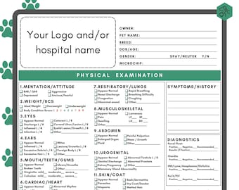 Customizable Physical Exam Form | Veterinary Hospital Blank Printable PDF | Vet Med Clinic Examination | Dog Cat Pet Report Card