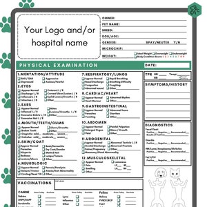 Novo! Formulário de exame físico personalizável expandido | PDF em branco para impressão de hospital veterinário | Exame de clínica médica veterinária | Relatório de cão, gato e animal de estimação