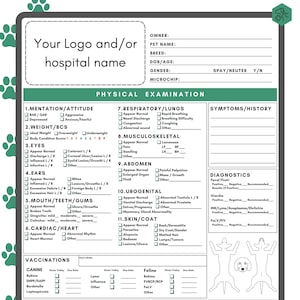 Anpassbare körperliche Untersuchungsbogen | VeterinärKrankenhaus Blank Ausfüllbares PDF | Vet Med-Klinik Untersuchung | Hund Katze Haustier Rapport Karte