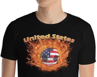 USA Fußball | US Football Fussball t-shirt | Kurzarm T-Shirt | USA Flaggen-Ball in Feuer umringt | Unisex Fan Sport-Shirt