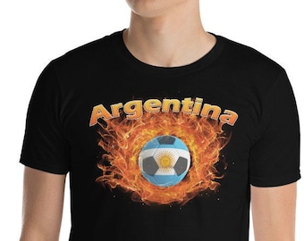 Argentina National Futbol | Argentina Football Soccer t-shirt | Unisex Short sleeve tee | Argentina Flag Ball ringed in fire shirt