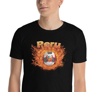 Peru National Futbol | Peru Football Soccer t-shirt | Short sleeve tee | Peru Flag Ball ringed in fire | Unisex Fan Sports Shirt