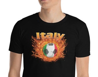Italy National Football | Italy Football Soccer t-shirt | Short sleeve tee | Italy Flag Ball ringed in fire | Unisex Fan Sports Shirt