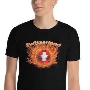 Switzerland National Soccer | Switzerland Football Soccer t-shirt | Short sleeve tee | Switzerland Flag Ball ringed in fire | Unisex