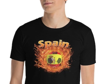 Spain National Futbol | Spain Football Soccer t-shirt | Short sleeve tee | Spain Flag Ball ringed in fire | Unisex Fan Sports Shirt