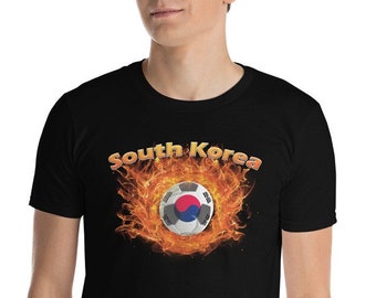 Camiseta de fútbol nacional de Corea del Sur / Camiseta de fútbol de Corea / Camiseta de manga corta / Camiseta unisex con la bandera de Corea del Sur y el balón rodeado de fuego