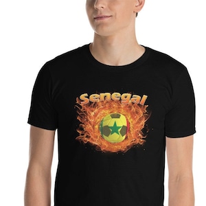 Senegal National Futbol | Senegal Football Soccer t-shirt | Short sleeve tee | Senegal Flag Ball ringed in fire | Unisex Fan Shirt