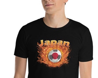Camiseta de fútbol nacional de Japón / Camiseta de fútbol de Japón / Camiseta de manga corta / Balón con la bandera de Japón rodeado de fuego / Camiseta deportiva unisex para fanáticos