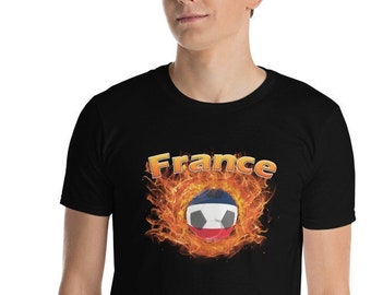 France National Soccer | France Football Soccer t-shirt | Short sleeve tee | France Flag Ball ringed in fire | Unisex Fan Sports Shirt