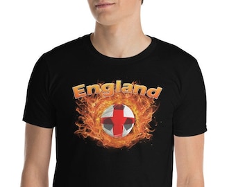 England National Football | England Football Soccer t-shirt | Short sleeve tee | England Flag Ball ringed in fire | Unisex Fan Shirt