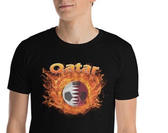 Qatar National Soccer | Qatar Football Soccer t-shirt | Short sleeve tee | Qatar Flag Ball ringed in fire | Unisex Fan Sports Shirt