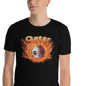 Qatar National Soccer | Qatar Football Soccer t-shirt | Short sleeve tee | Qatar Flag Ball ringed in fire | Unisex Fan Sports Shirt