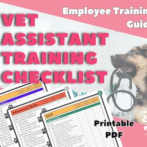 Könnte beinhalten: Ein rosa-weißes Mitarbeiterschulungshandbuch für Tierarzthelfer. Der Leitfaden enthält eine Checkliste mit Abschnitten für Fähigkeiten und fortgeschrittene Fähigkeiten. Ein Deutscher Schäferhund hält ein Stethoskop. Der Text "Druckbares PDF" ist sichtbar.