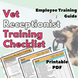Könnte beinhalten: Ein Leitfaden für die Ausbildung von Tierarzthelferinnen. Der Titel "Vet Receptionist Training Checklist" ist in Rosa und Weiß gehalten. Im Hintergrund ist ein Deutscher Schäferhund zu sehen. Die Worte "Printable PDF" sind sichtbar.