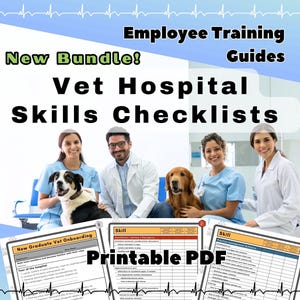 Op de afbeelding: Afbeelding van een "Nieuwe Bundel" van "Vet Hospital Skills Checklists" met de tekst "Printable PDF". De afbeelding toont vier dierenartsen met twee honden. De achtergrond is een verloop van blauw en wit.