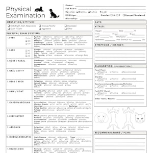 Pode incluir: Um formulário de exame físico veterinário com seções para informações do proprietário, sinais vitais e diagnósticos. Inclui diagramas de um cão e um gato, e uma seção para recomendações.