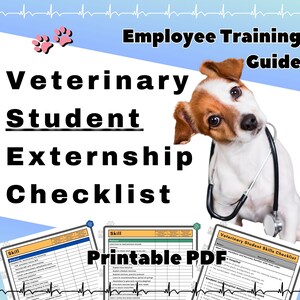 Op de afbeelding: Een digitale gids voor dierenartsen in opleiding, met een checklist en een puppy met een stethoscoop. De gids bevat de tekst "Employee Training Guide", "Veterinary Student Externship Checklist" en "Printable PDF".