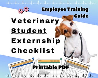 Op de afbeelding: Een digitale gids voor dierenartsen in opleiding, met een checklist en een puppy met een stethoscoop. De gids bevat de tekst "Employee Training Guide", "Veterinary Student Externship Checklist" en "Printable PDF".