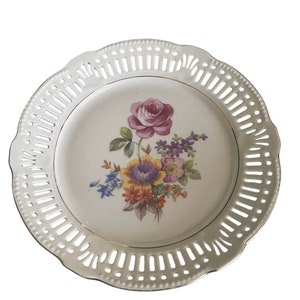 Vintage Germany Floral Plate Set of 4 with Reticulated Rim Gold Trim
